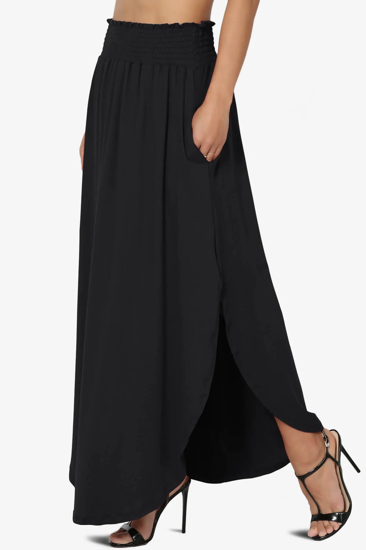 Alisah Smocked Waist Pocket Slit Maxi Skirt