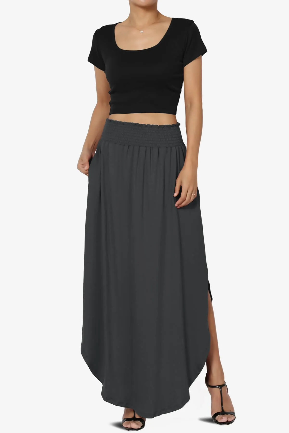 Alisah Smocked Waist Pocket Slit Maxi Skirt