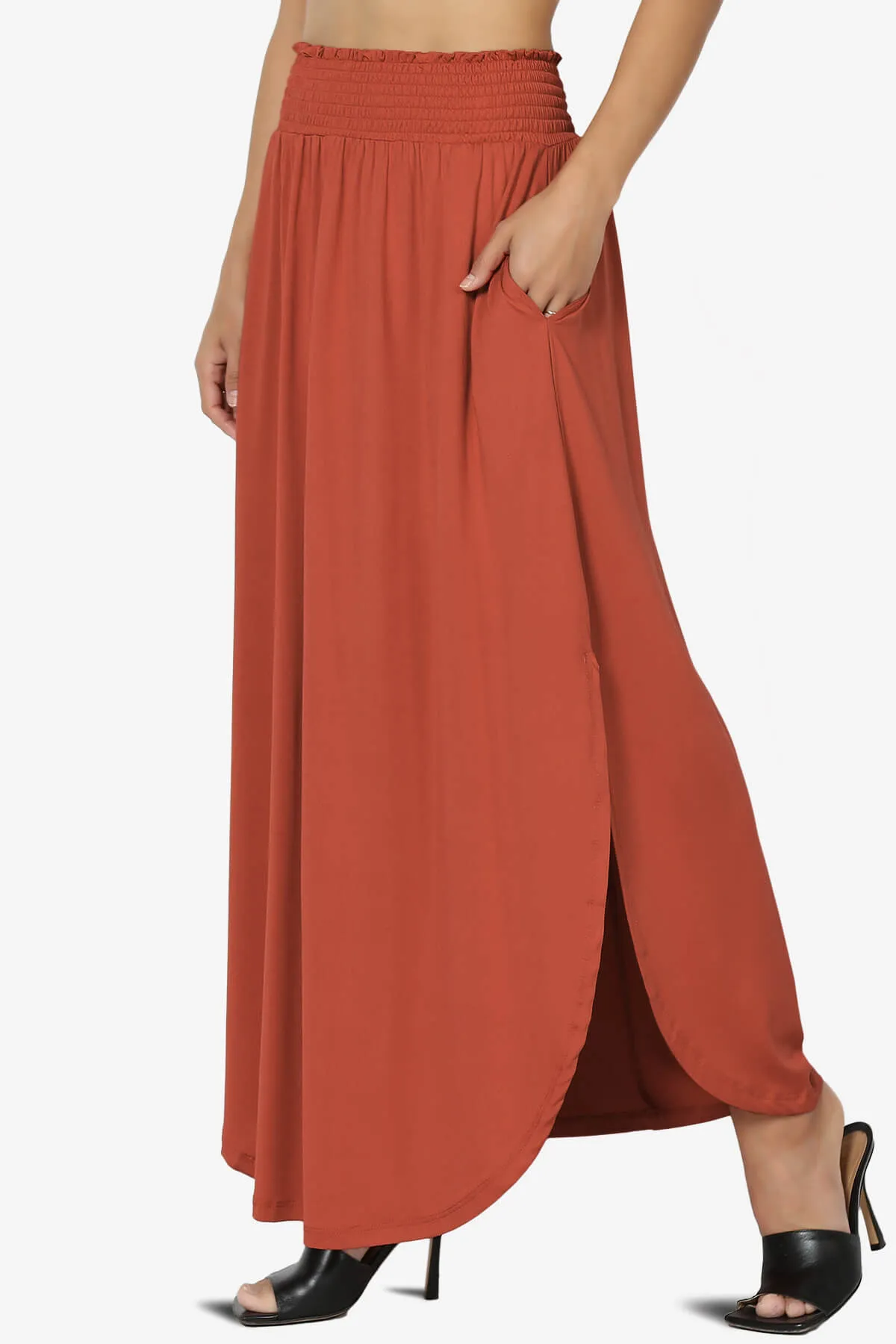 Alisah Smocked Waist Pocket Slit Maxi Skirt