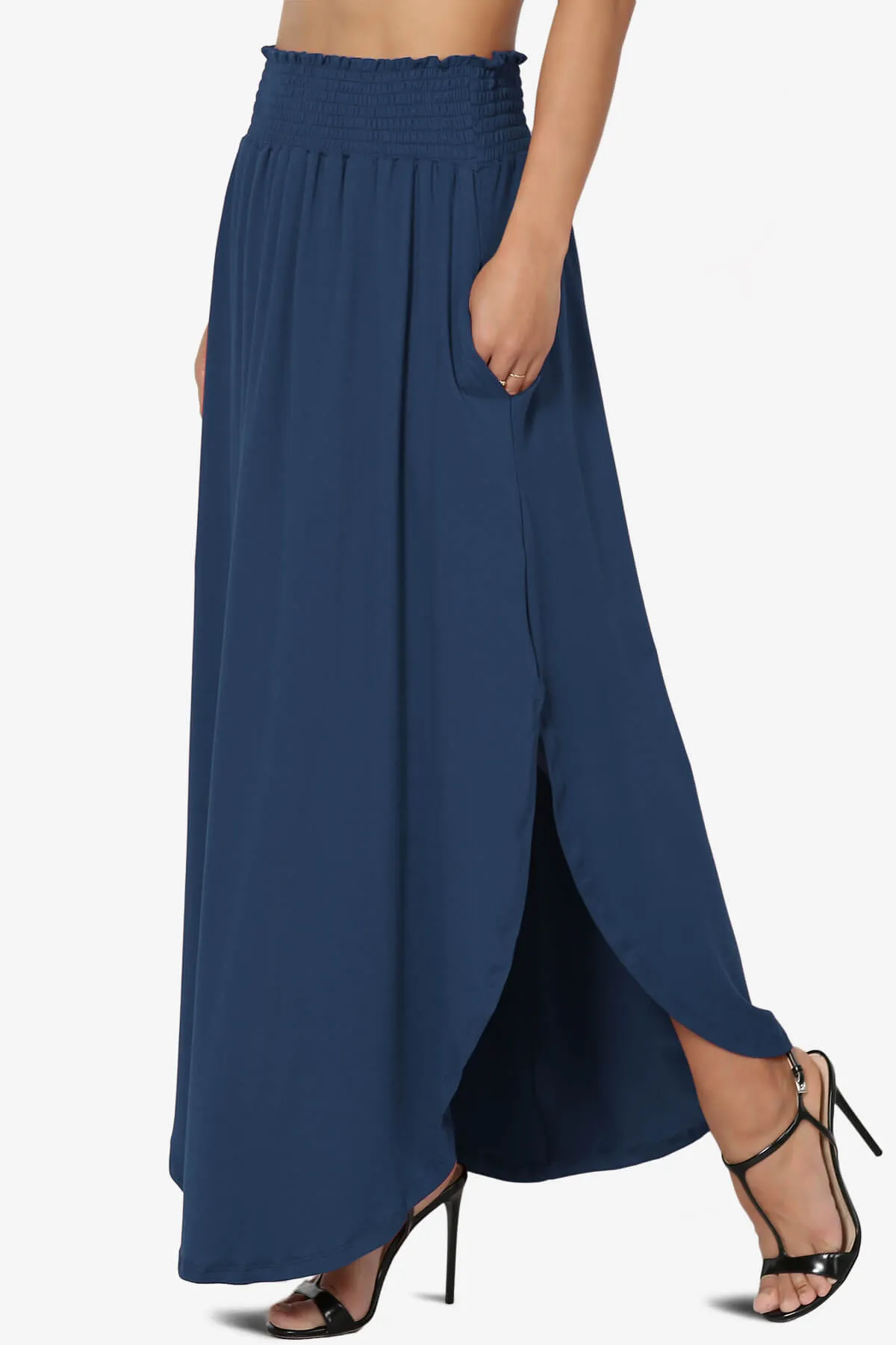 Alisah Smocked Waist Pocket Slit Maxi Skirt