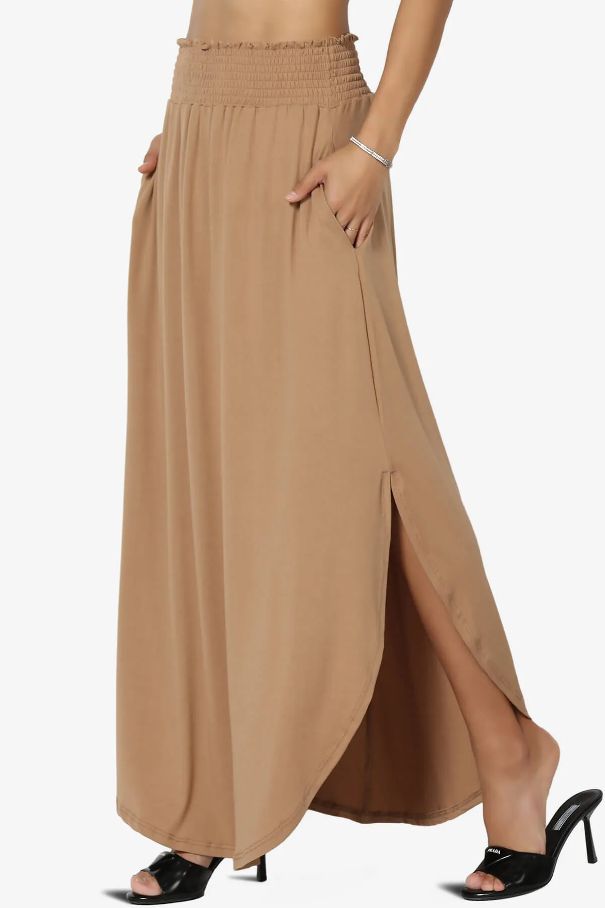 Alisah Smocked Waist Pocket Slit Maxi Skirt