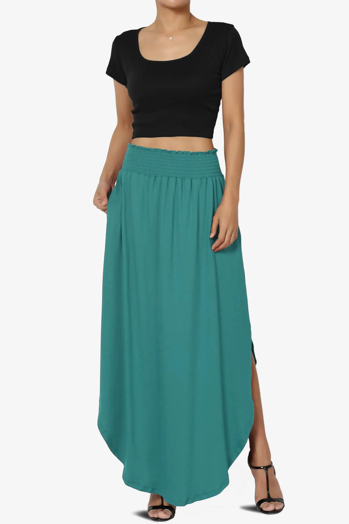 Alisah Smocked Waist Pocket Slit Maxi Skirt