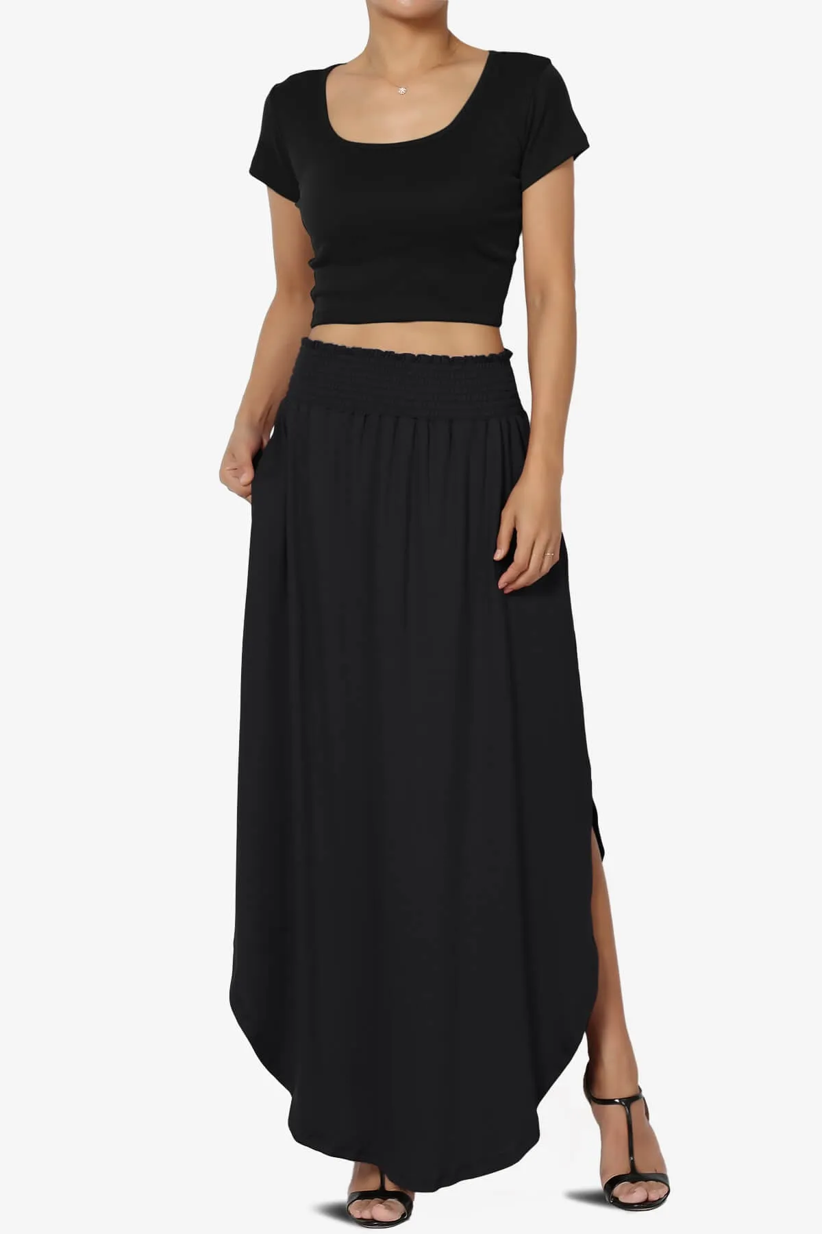 Alisah Smocked Waist Pocket Slit Maxi Skirt