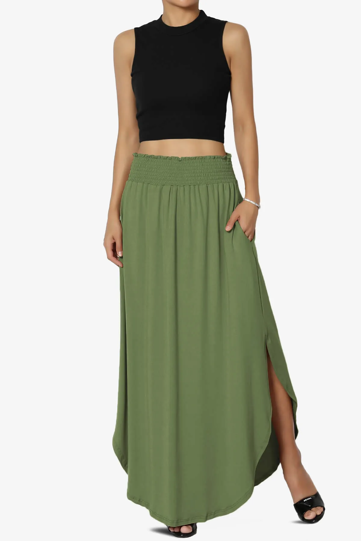 Alisah Smocked Waist Pocket Slit Maxi Skirt