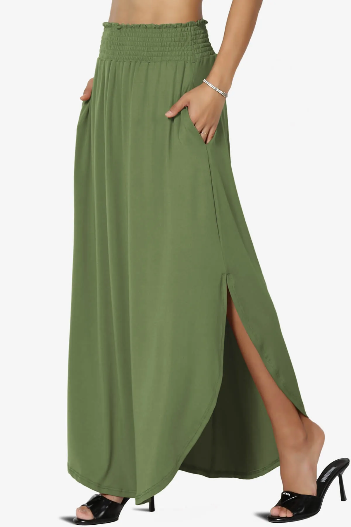 Alisah Smocked Waist Pocket Slit Maxi Skirt