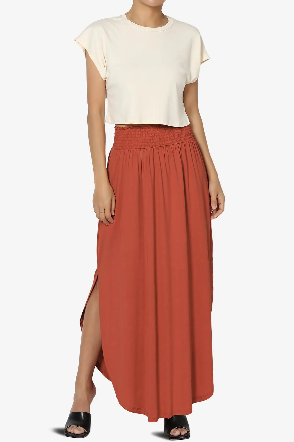 Alisah Smocked Waist Pocket Slit Maxi Skirt