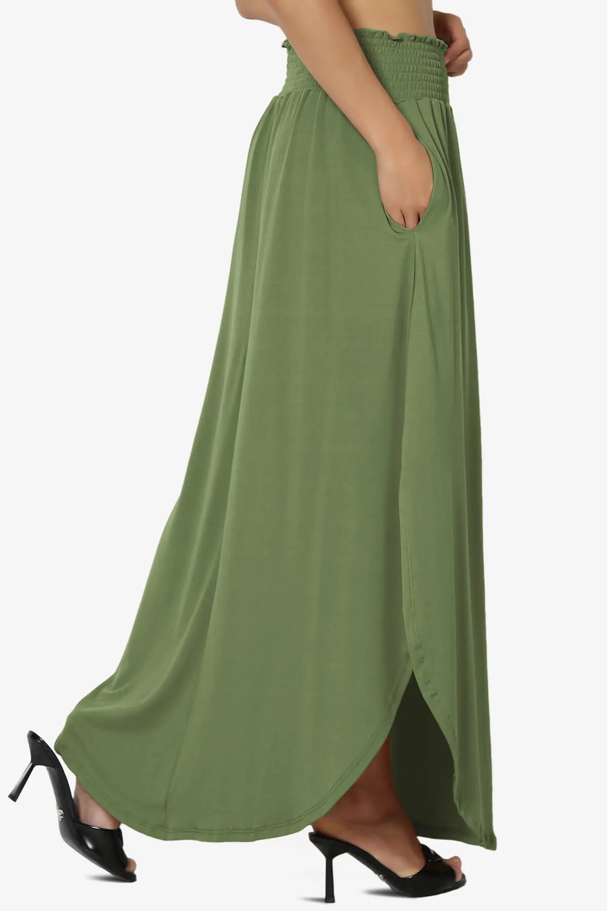 Alisah Smocked Waist Pocket Slit Maxi Skirt