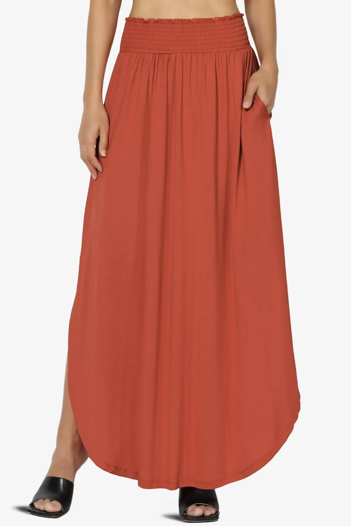 Alisah Smocked Waist Pocket Slit Maxi Skirt