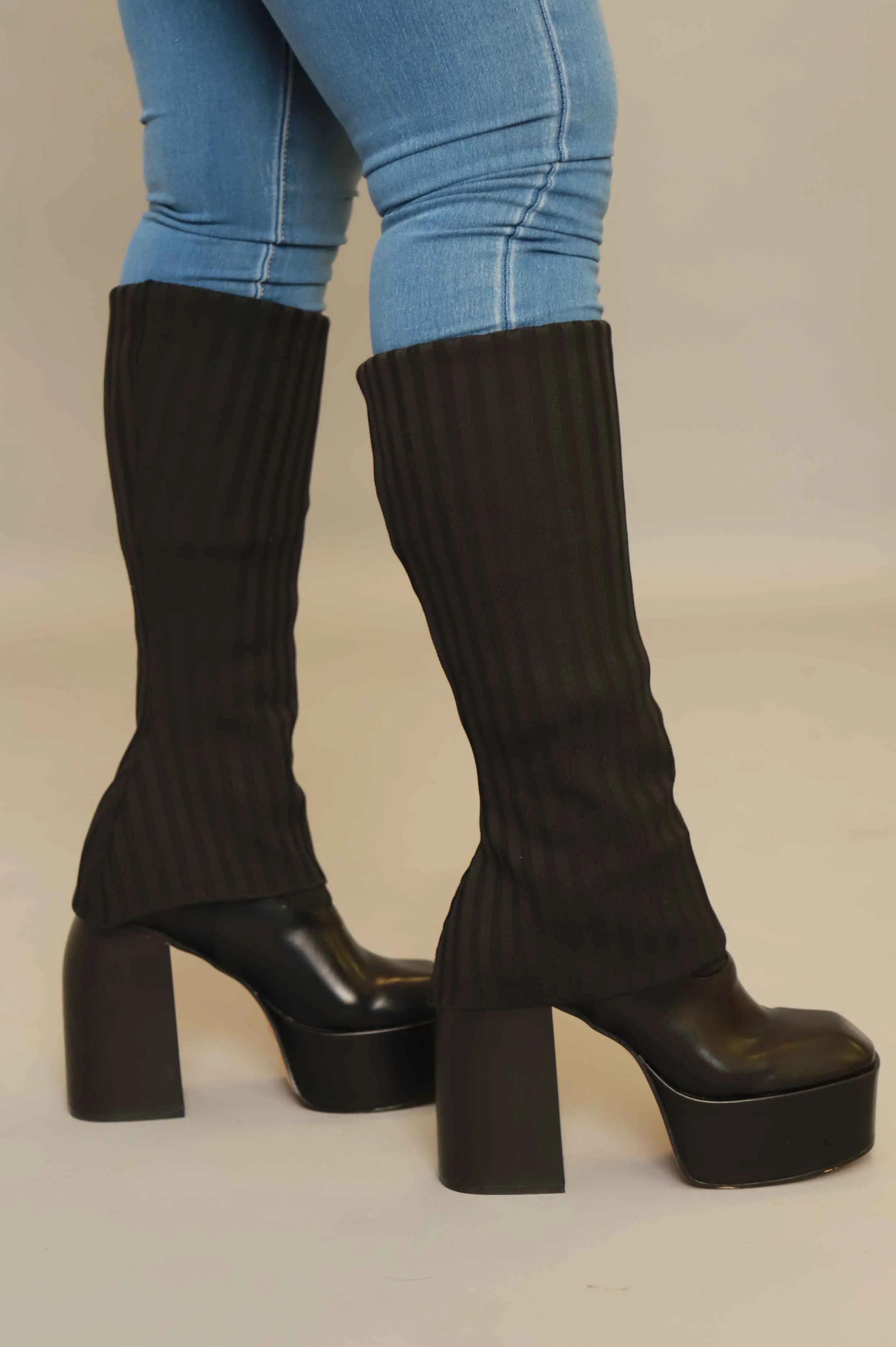 All Access Chunky Platform Knit Boots - Black