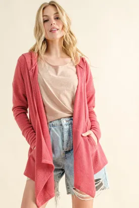 And The Why Thermal Hooded Open Front Cardigan with Pockets in Pink Rose