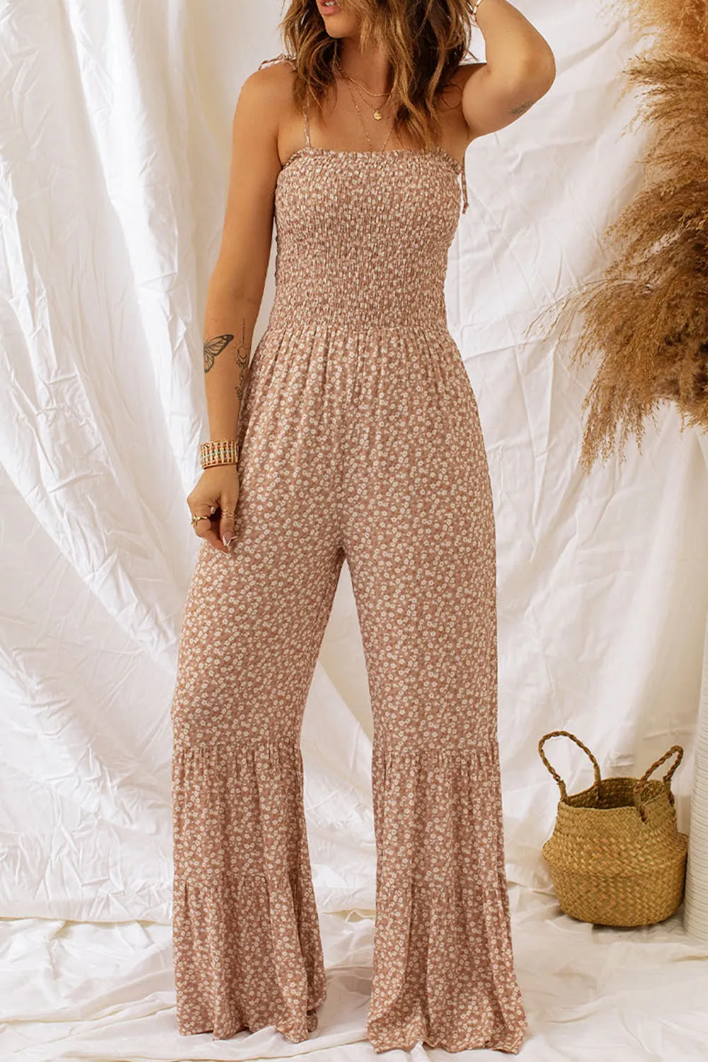 *APP EXCLUSIVE* Floral Spaghetti Strap Smocked Wide Leg Jumpsuit