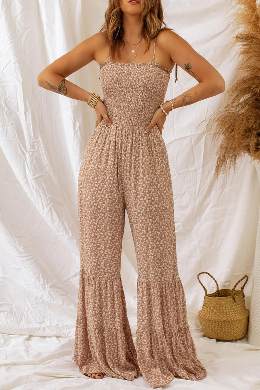 *APP EXCLUSIVE* Floral Spaghetti Strap Smocked Wide Leg Jumpsuit