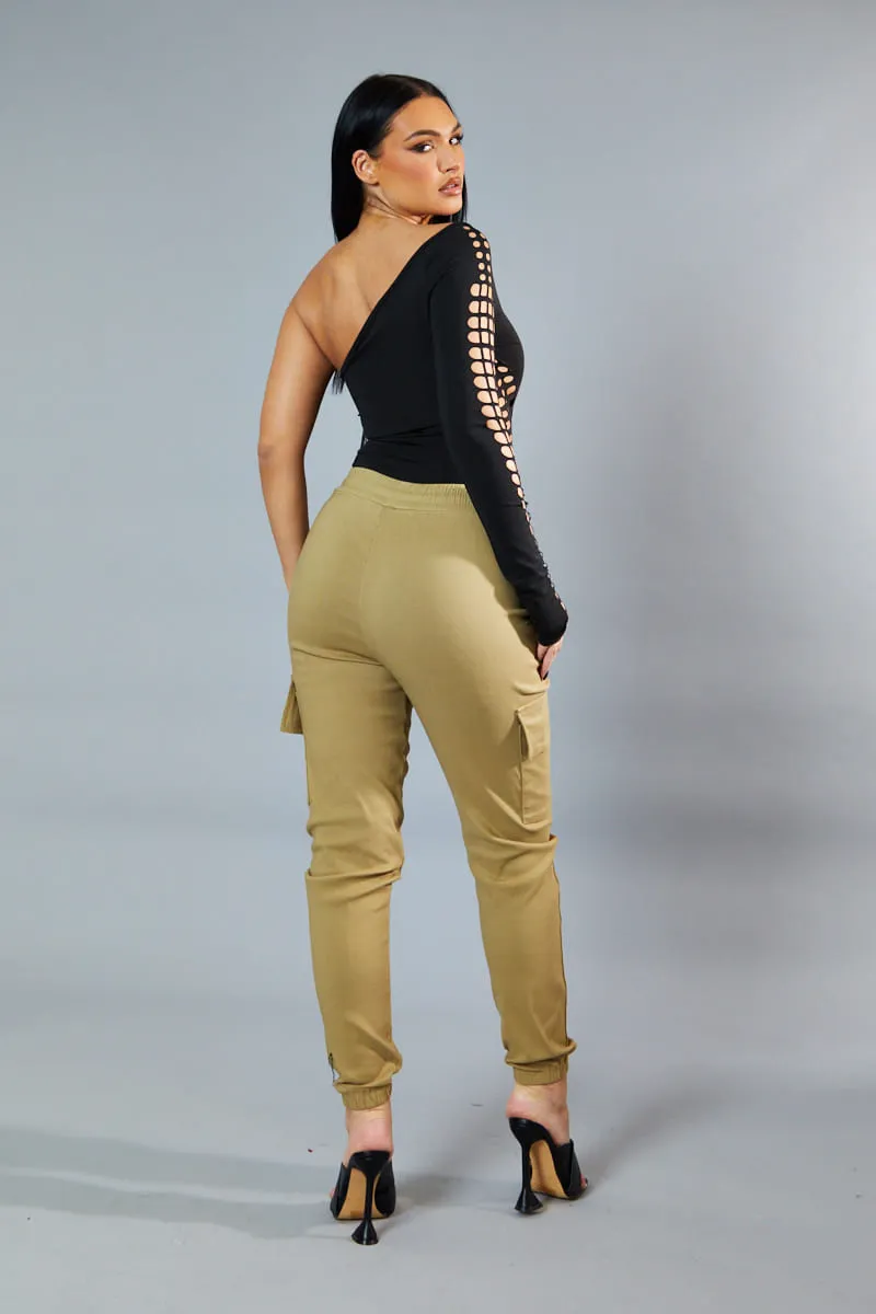 Beige Cuffed Hem Cargo Trousers - Rain