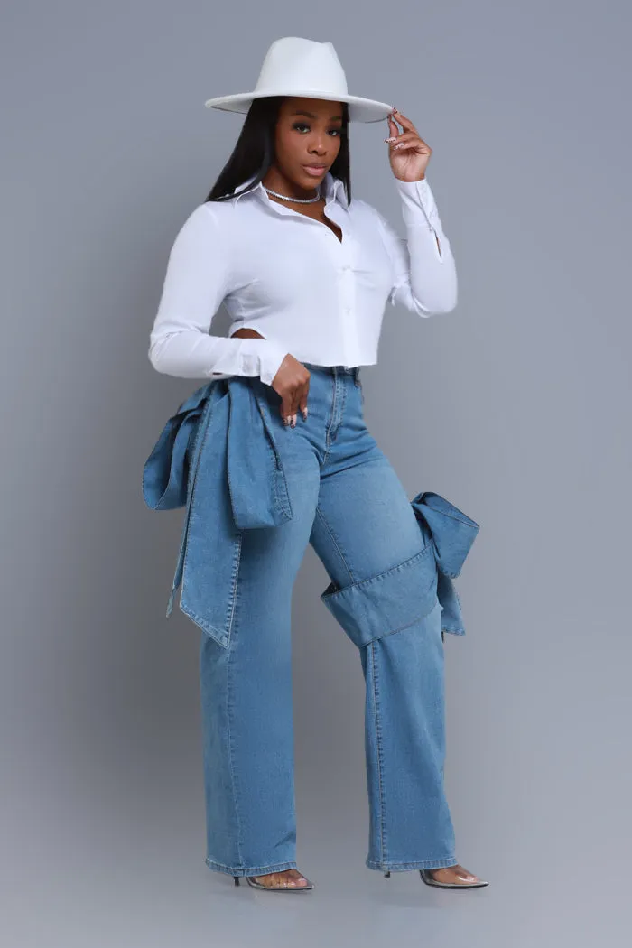 Best Offer Mid Rise Bow Tie Wide Leg Jeans - Med Wash