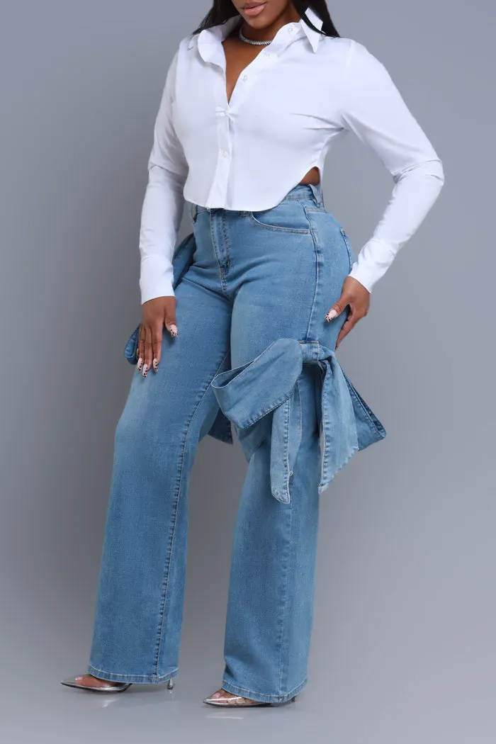 Best Offer Mid Rise Bow Tie Wide Leg Jeans - Med Wash