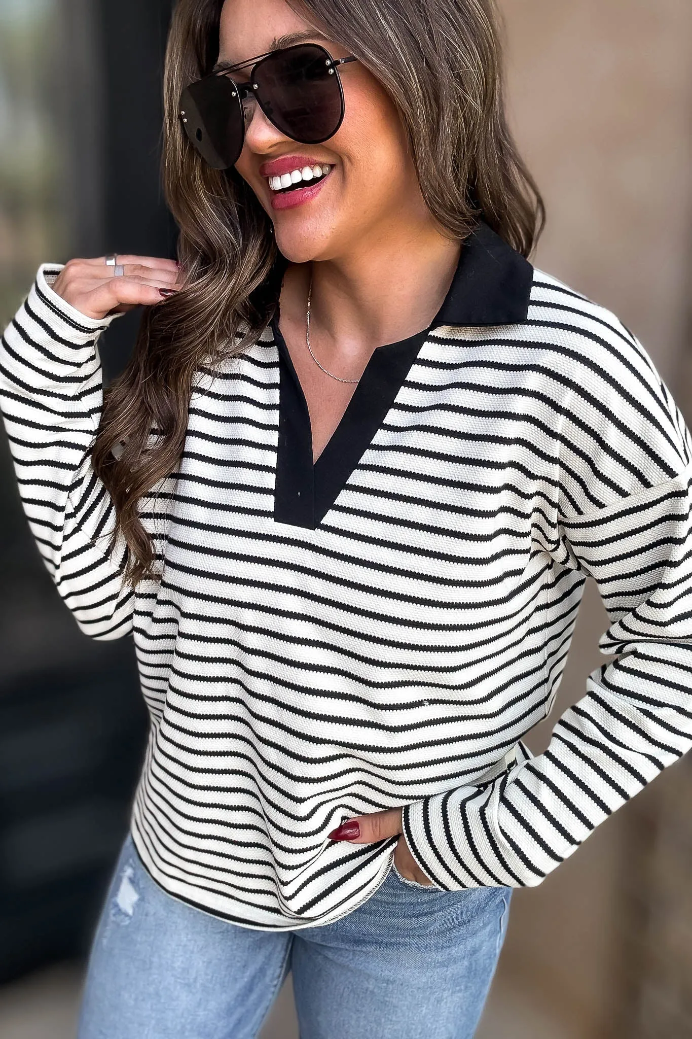 Black Striped Open Collared Neck Top