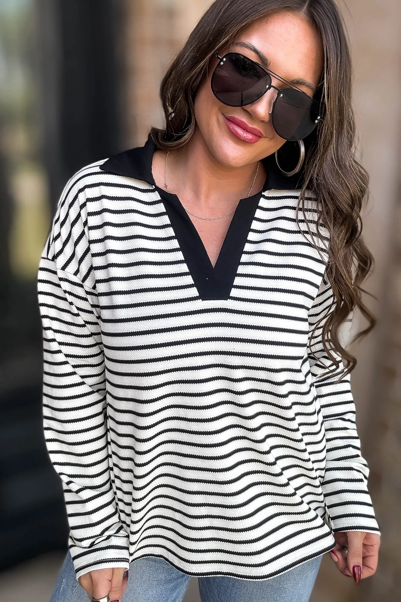 Black Striped Open Collared Neck Top