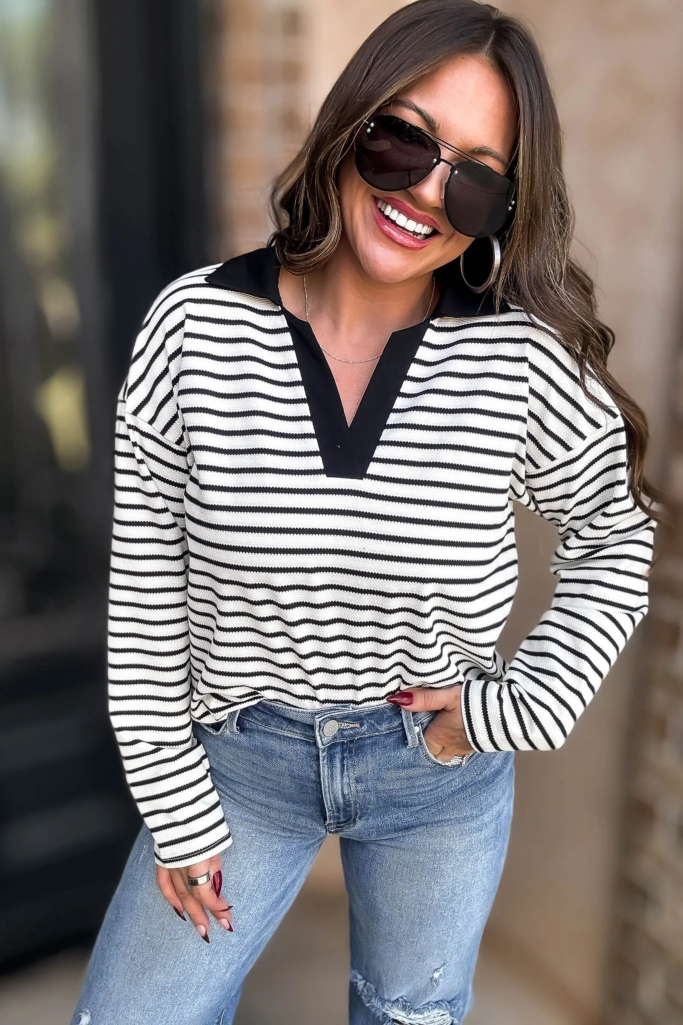 Black Striped Open Collared Neck Top