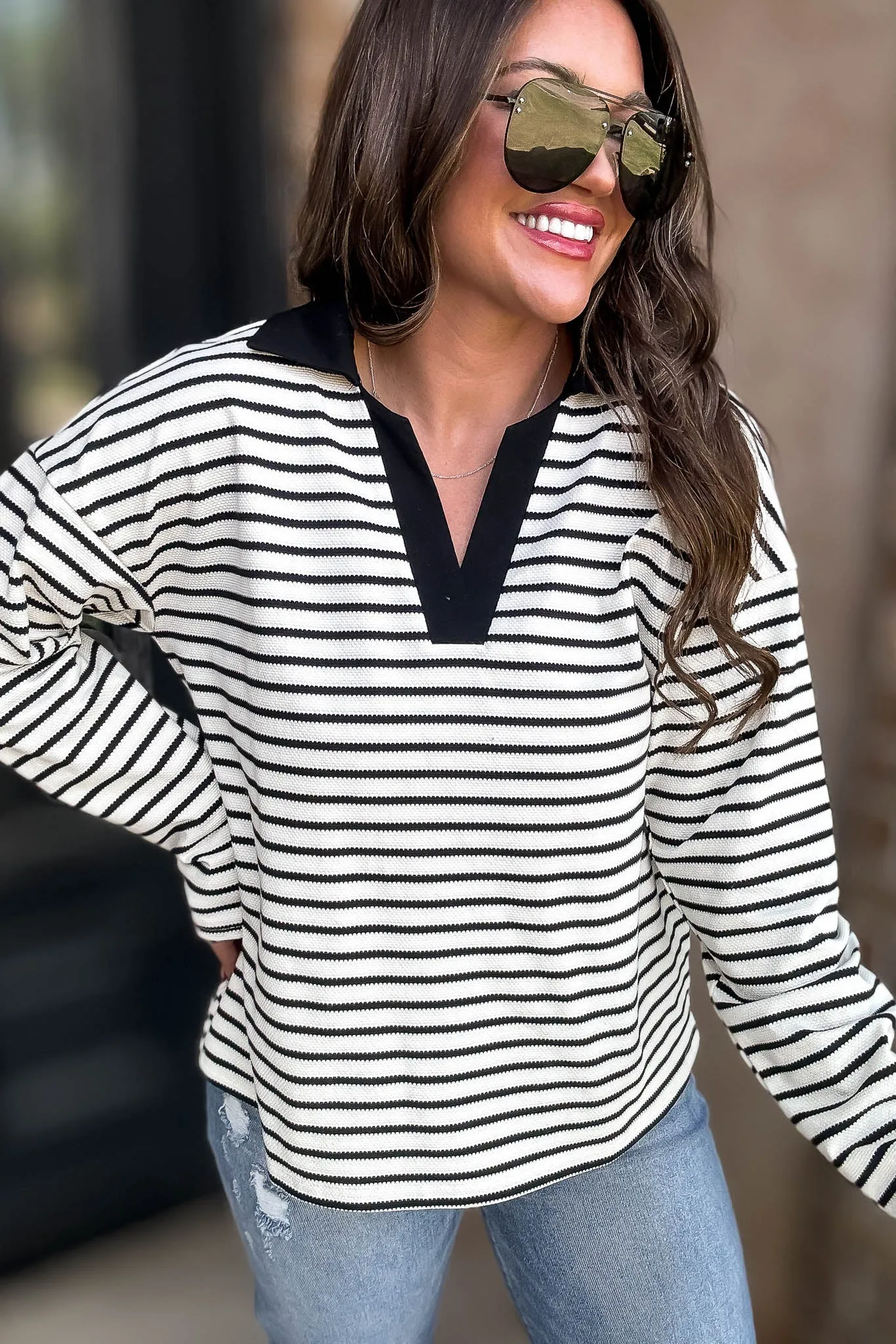 Black Striped Open Collared Neck Top