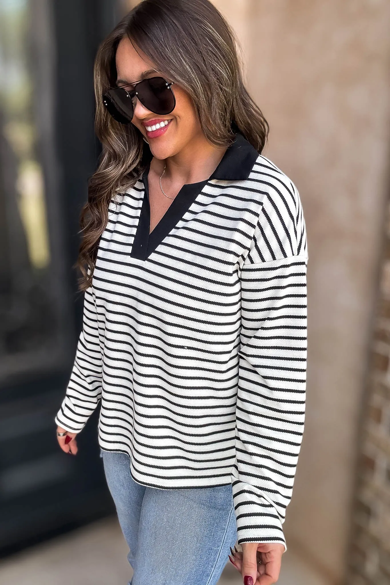 Black Striped Open Collared Neck Top