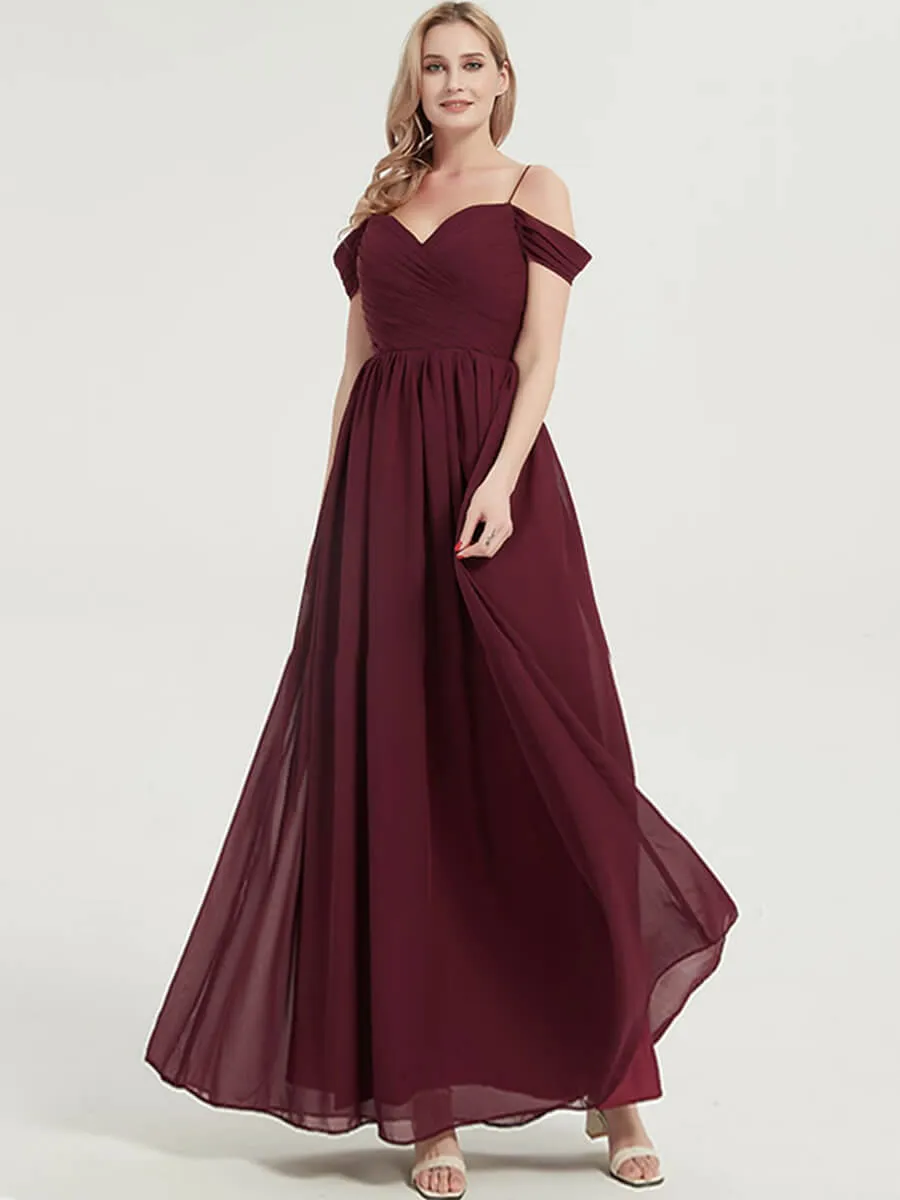 Burgundy Cold Shoulder Spaghetti Straps Pleated Chiffon Bridesmaid Dress