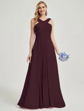 Cabernet Cross Neck A-Line Floor Length Chiffon Bridesmaid Dresses