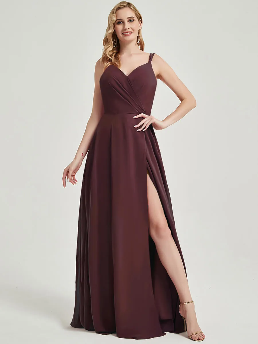 Cabernet Spaghetti Straps Slit Lace Chiffon Maxi Bridesmaid Dress