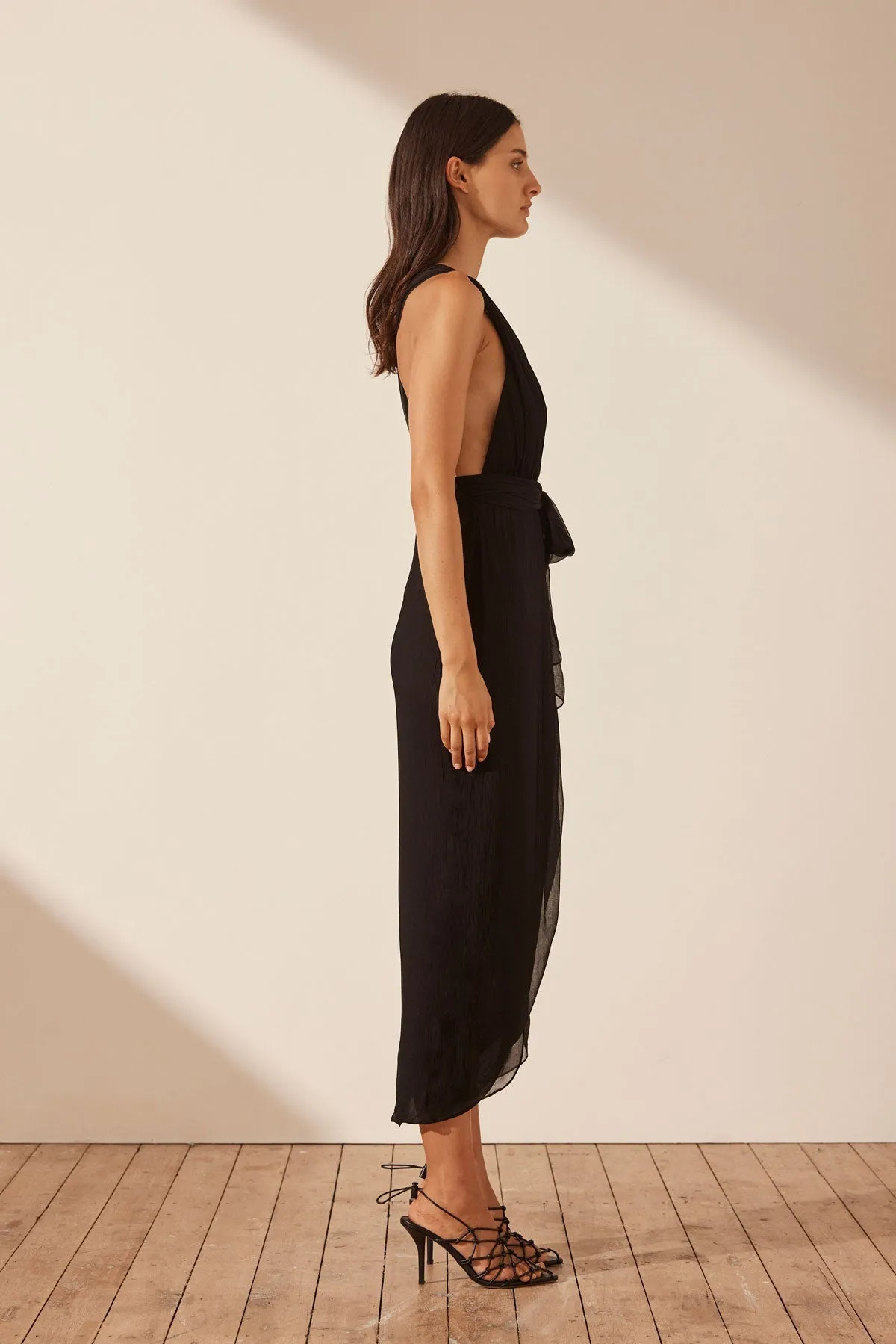 ISOLA PLUNGED CROSS BACK MIDI DRESS - BLACK