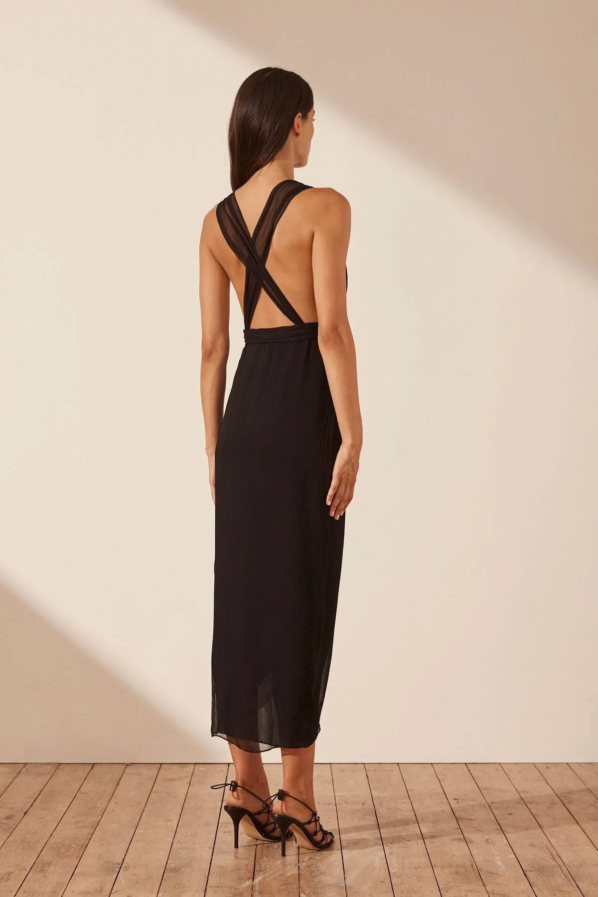 ISOLA PLUNGED CROSS BACK MIDI DRESS - BLACK