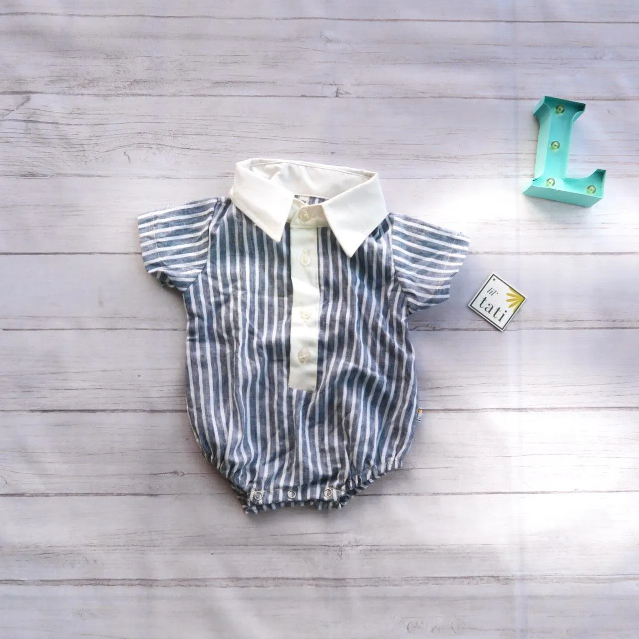 Pine Playsuit in Navy Stripes and White Linen