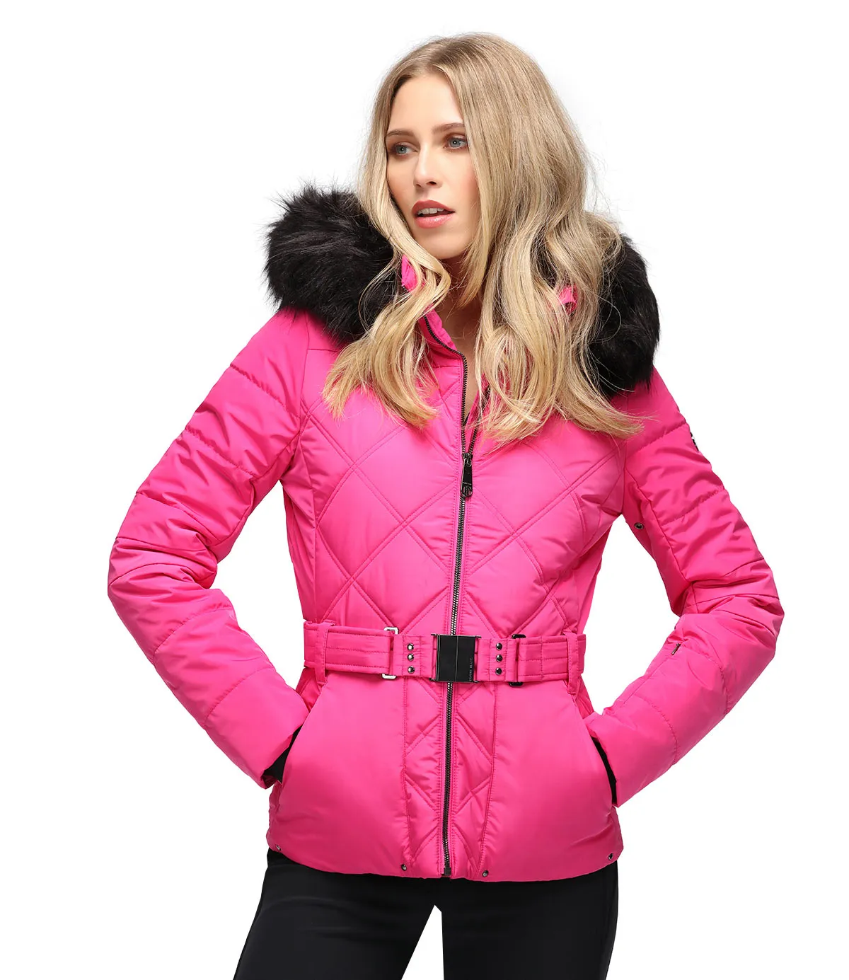 Poivre Blanc Pink Ski Jacket with Hood and Belt and Faux Fur