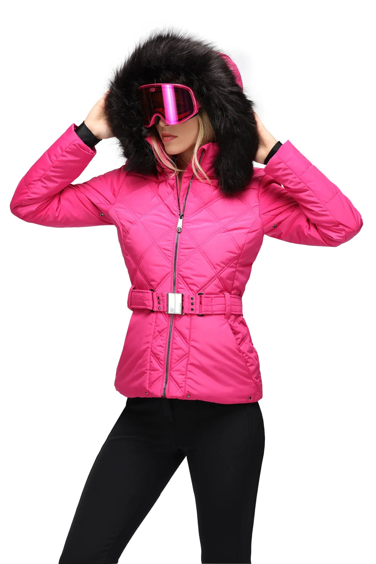 Poivre Blanc Pink Ski Jacket with Hood and Belt and Faux Fur