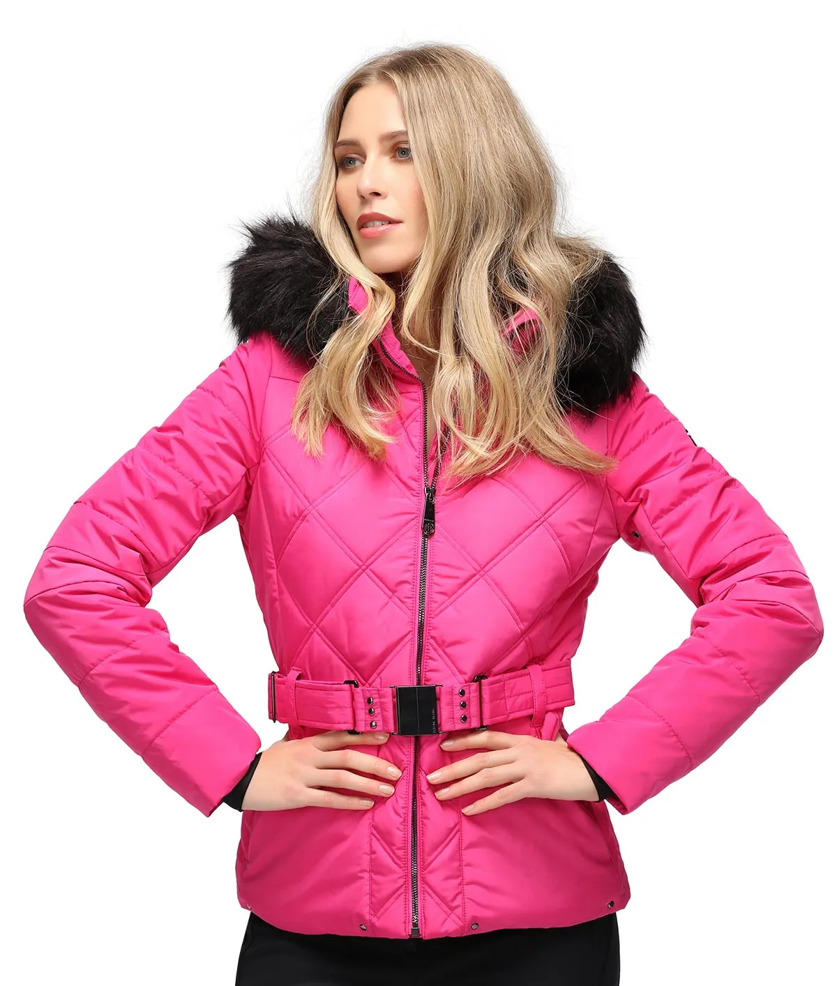 Poivre Blanc Pink Ski Jacket with Hood and Belt and Faux Fur