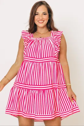 Striped Ruffle Sleeve Tiered Mini Dress (S-2XL)