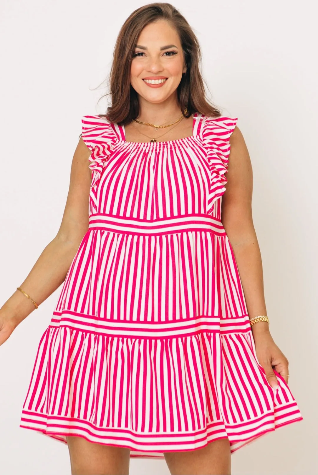 Striped Ruffle Sleeve Tiered Mini Dress (S-2XL)